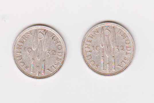 Lot of two 1932 Southern Rhodesia Silver 3 pence