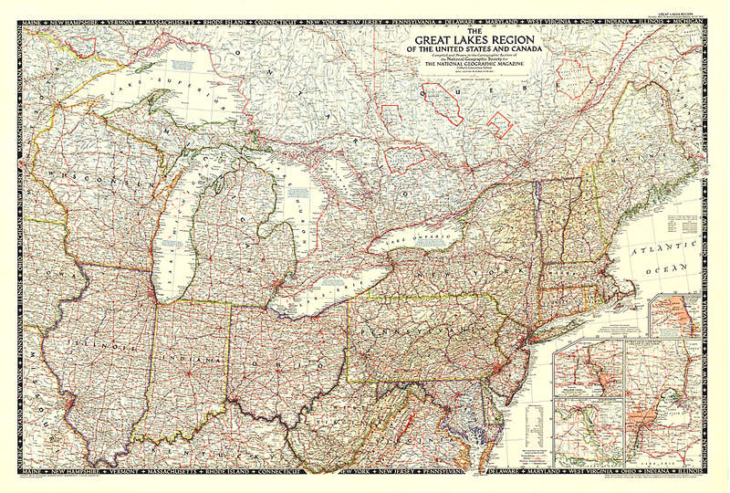 1953 The Great Lakes Region of the United States and Canada. National Geopraphic. 43" x 29"