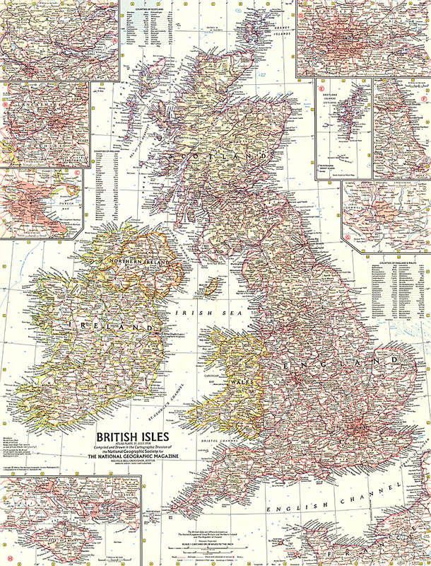 1958 British Isles Map . National Geopraphic. 19" x 24.75"