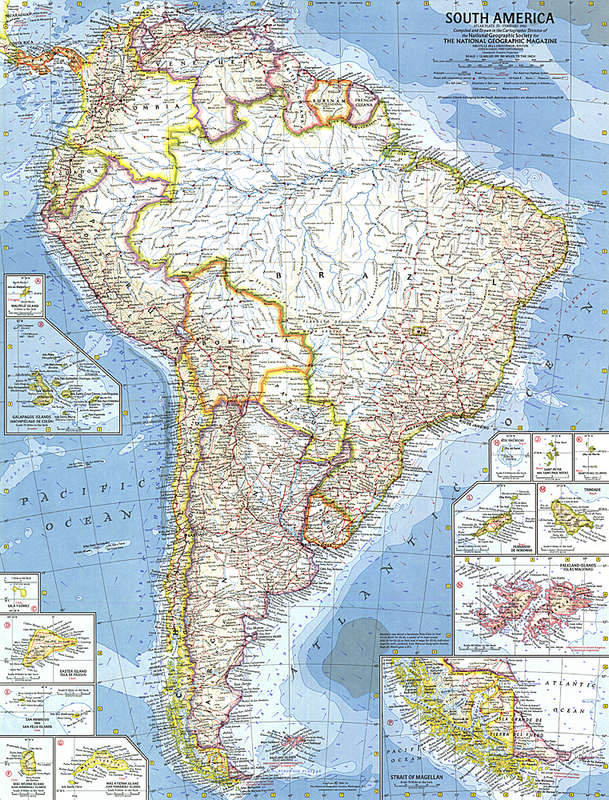1960 South America Map . National Geopraphic. 19" x 24.75"
