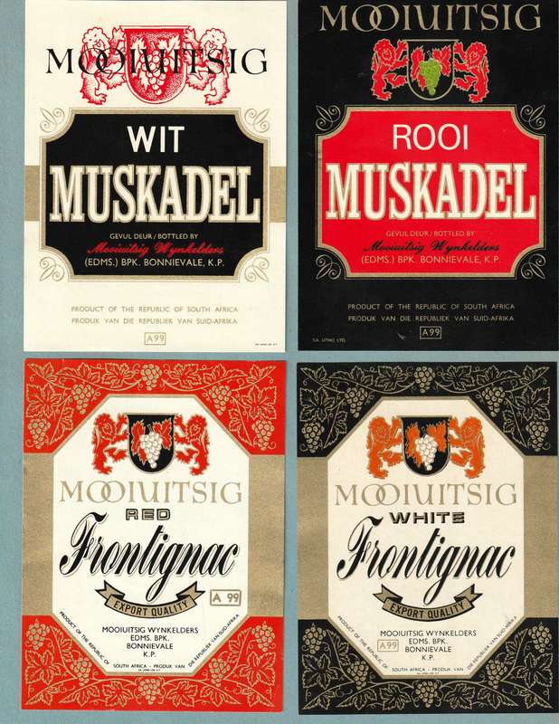 4 x Vintage Wine Bottle Lables, Mooiuitsig Wit and Red Muscadel, Red and Wite Frontignac.