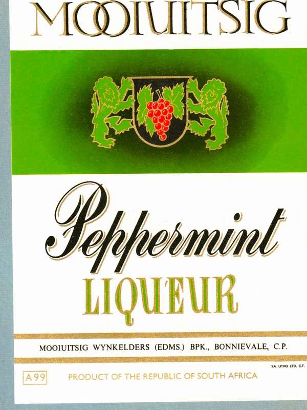 3 x Vintage Wine Bottle Lables, Mooiuitsig Liqueur, Aniseed, Ginger, Peppermint.