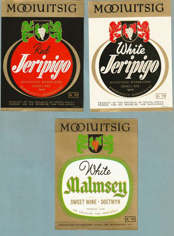 3 x Vintage Wine Bottle Lables, Mooiuitsig Red and White Jeripigo, White Malmsey.