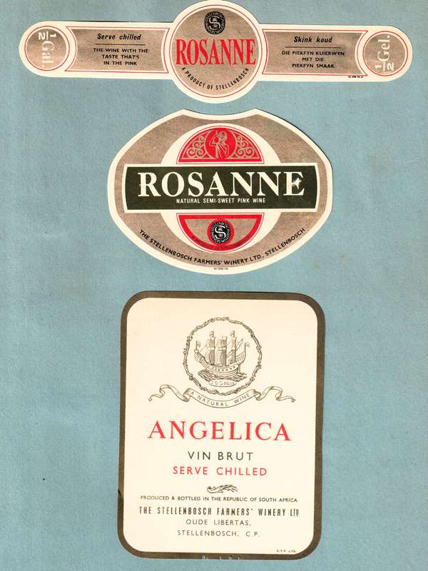 2 x Vintage  Bottle Labels. Stellenbosch Angelica Vin Brut, Rosanne Semi-Sweet Pink Wine.