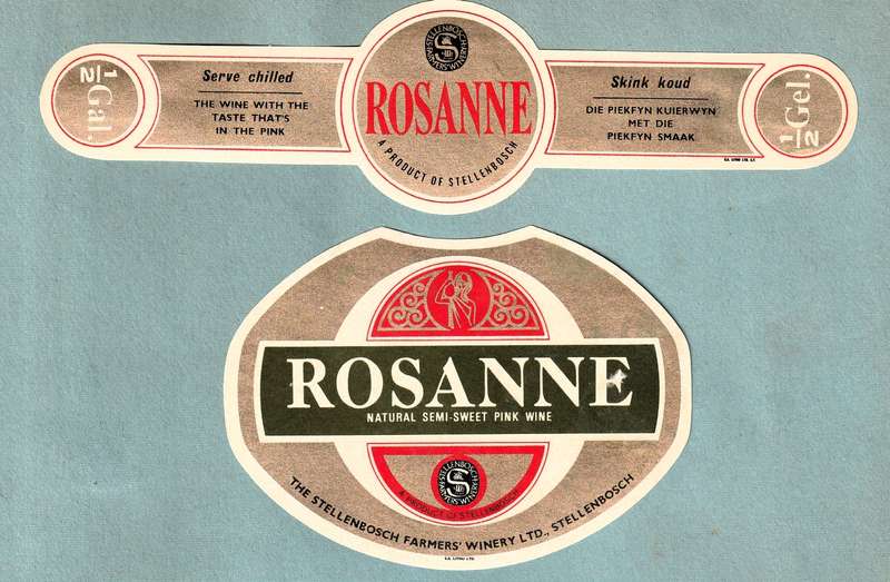 2 x Vintage  Bottle Labels. Stellenbosch Angelica Vin Brut, Rosanne Semi-Sweet Pink Wine.