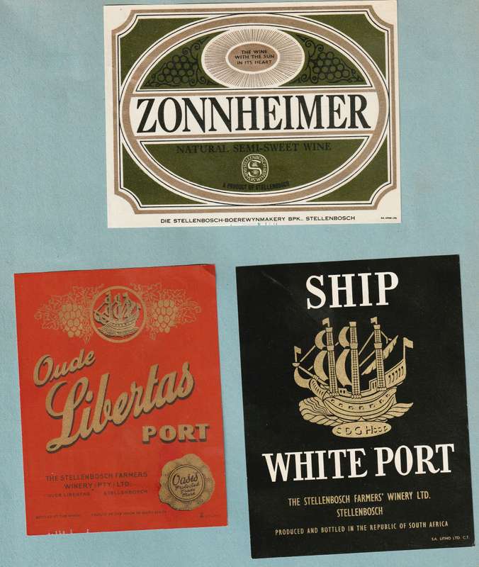 3 x Vintage Wine Bottle Labels. Stellenbosch Winery, Oude Libertas Port, Zonnheimer, Ship White Port