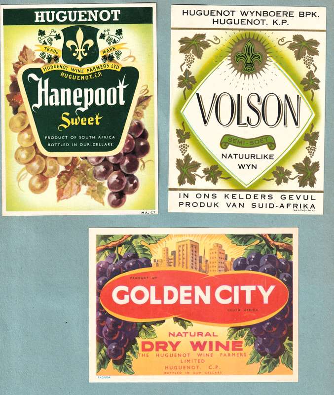 3 x Vintage Wine Bottle Labels. Huguenot Wine, Golden City Dry, Hanepoot Sweet, Volson Semi-Soet.