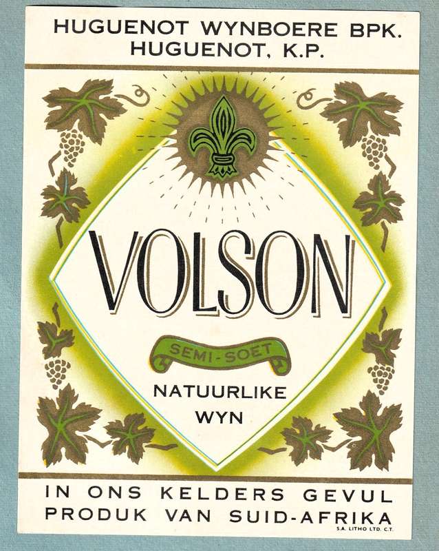 3 x Vintage Wine Bottle Labels. Huguenot Wine, Golden City Dry, Hanepoot Sweet, Volson Semi-Soet.
