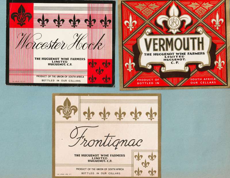 3 x Vintage Bottle Lables, Huguenot Wine, Vermouth Worcester Hock, Frontignac.
