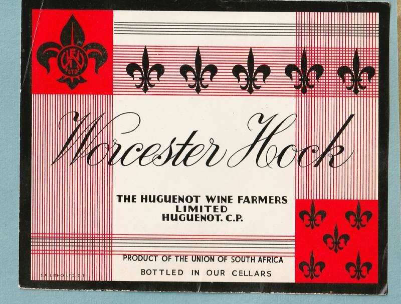 3 x Vintage Bottle Lables, Huguenot Wine, Vermouth Worcester Hock, Frontignac.