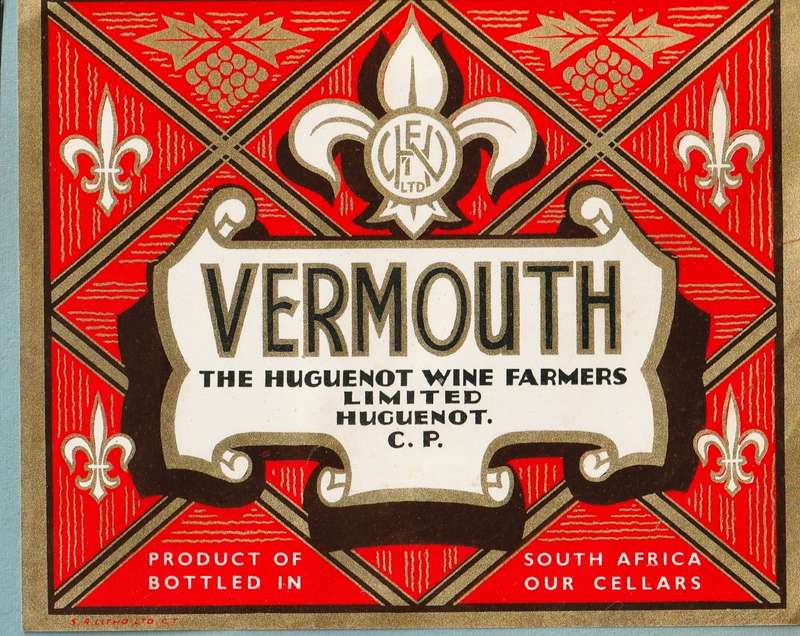 3 x Vintage Bottle Lables, Huguenot Wine, Vermouth Worcester Hock, Frontignac.