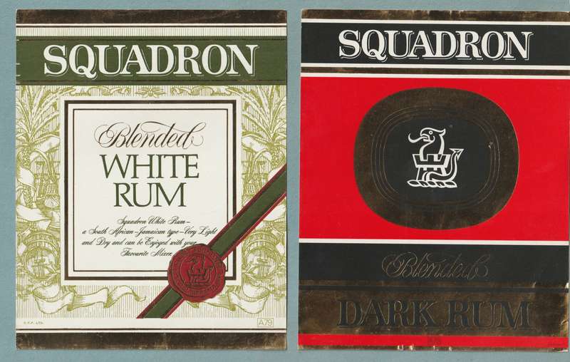 2 x Vintage Bottle Lables, Squadron Dark Rum, Blended White Rum.