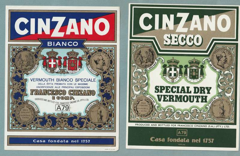 2 x Vintage Bottle Lables, Cinzano Blanco and Cinzano Secco.