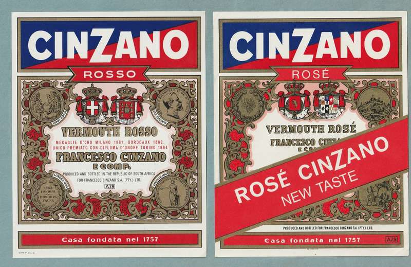 2 x Vintage Bottle Lables, Cinzano Rose and Cinzano Rosso.