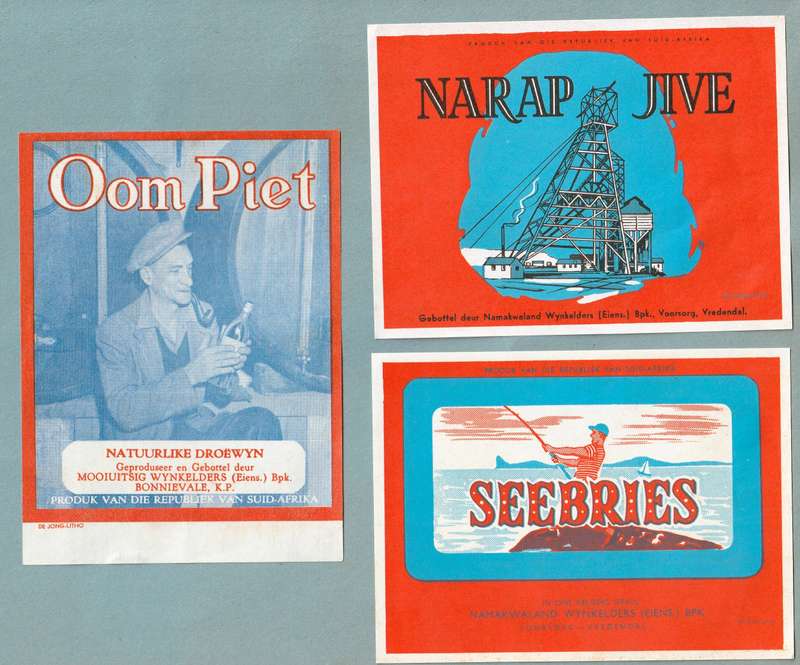 3 x Vinrage WIne Bottle Labels. Namakwaland Seebries, Narap Jive, Oom Piet Droeewyn