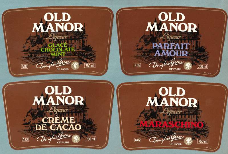 4 x Vintage Wine Bottle Lables, Douglas Green Maraschino, Parfait Amour, Choc mint, Creme de Cacao