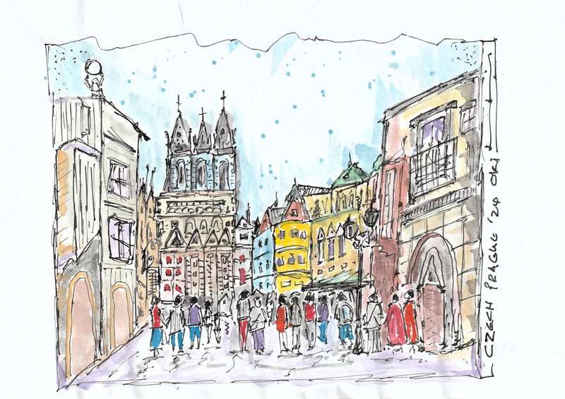 Original Black Ink and water color drawing, Czech Prague, Oki Jooste. Unframed, 210x140mm