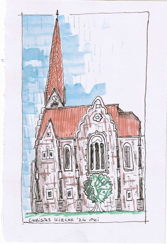 Original Black Ink and water color drawing,Christus Kirche Windhoek, Oki Jooste. Unframed, 210x140mm