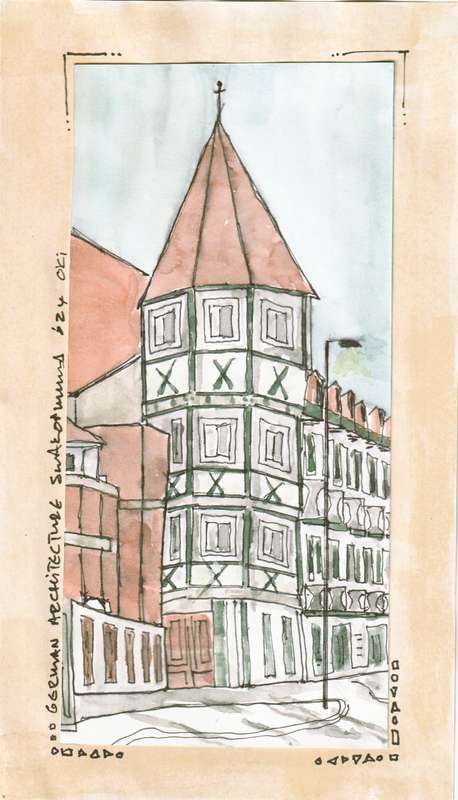 Original Black Ink and water color drawing, Swakopmund, Oki Jooste. Unframed, 230x140mm