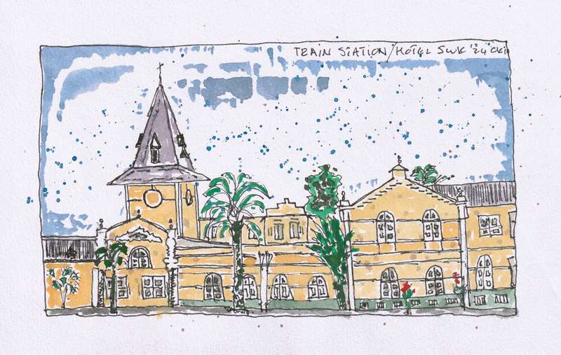Original Black Ink and water color drawing, Train Station/Hotel Sw, Oki Jooste. Unframed, 210x130mm