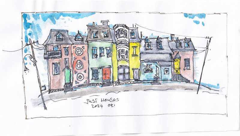 Original Black Ink and water color drawing, Just Houses, Oki Jooste. Unframed, 250x140mm