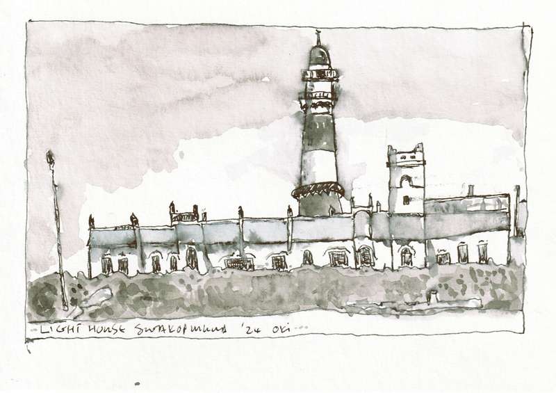 Original Black Ink and water color drawing, Swakopmund Light House, Oki Jooste. Unframed, 200x140mm