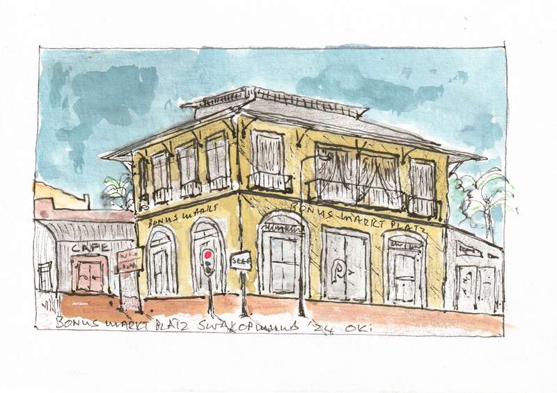 Original Black Ink and water color drawing, Swakopmund Bonus Markt,  Oki Jooste. Unframed, 200x140mm