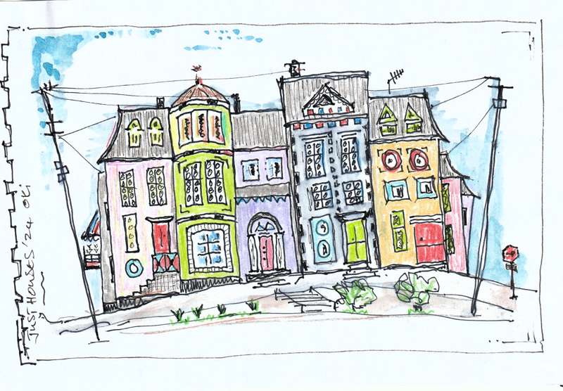 Original Black Ink and color pencil drawing,  Just Houses,  Oki Jooste. Unframed, 200x130mm