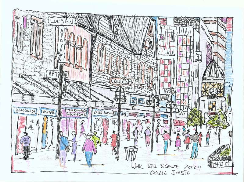 Original Black Ink and color pencil drawing, Windhoek Street Scene,  Oki Jooste. Unframed, 240x180mm