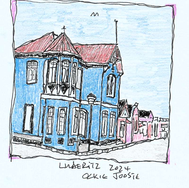Original Black Ink and color drawing, Blue House Luderitz by Oki Jooste. Unframed, 110x110mm