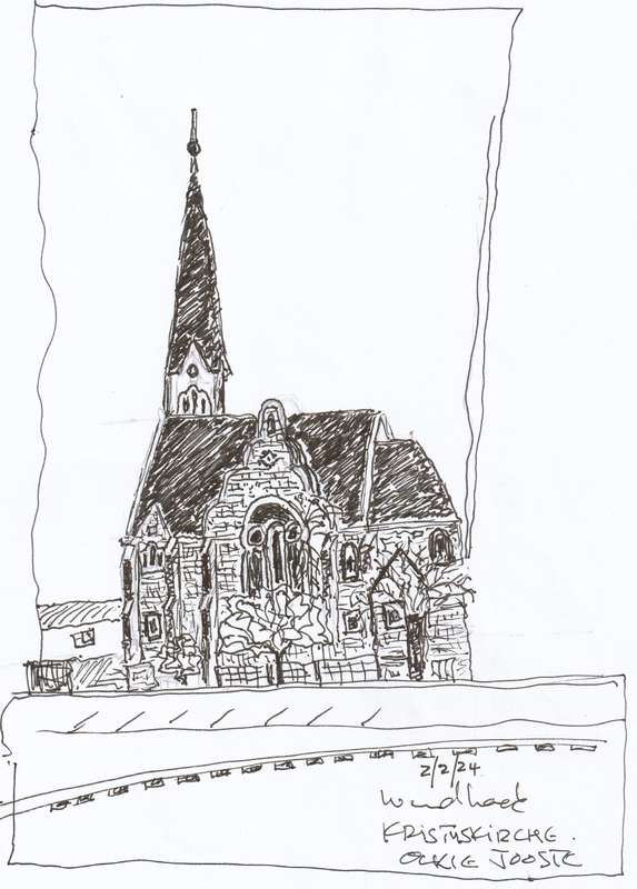 Original Black Ink Drawing of Christus Kirche, Windhoek by Oki Jooste. Unframed, 240mmx180mm
