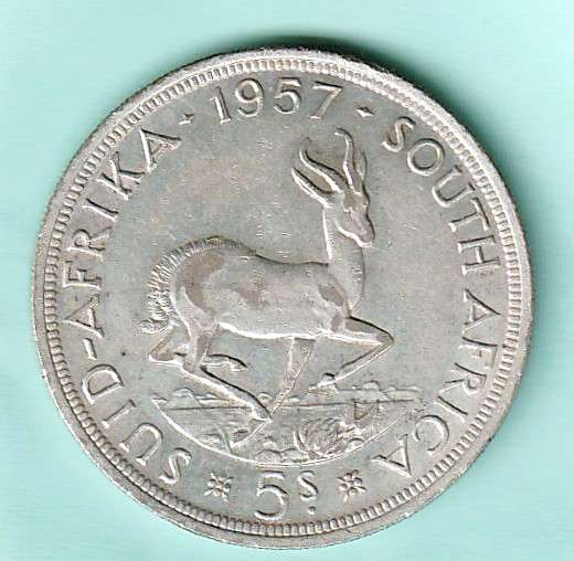 1957 South Africa Union Silver Five Shilling. As per scan.