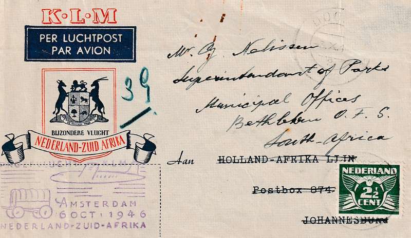 Cover Air Mail Netherlands, 1946. Doorn to Johannesburg. Special flight