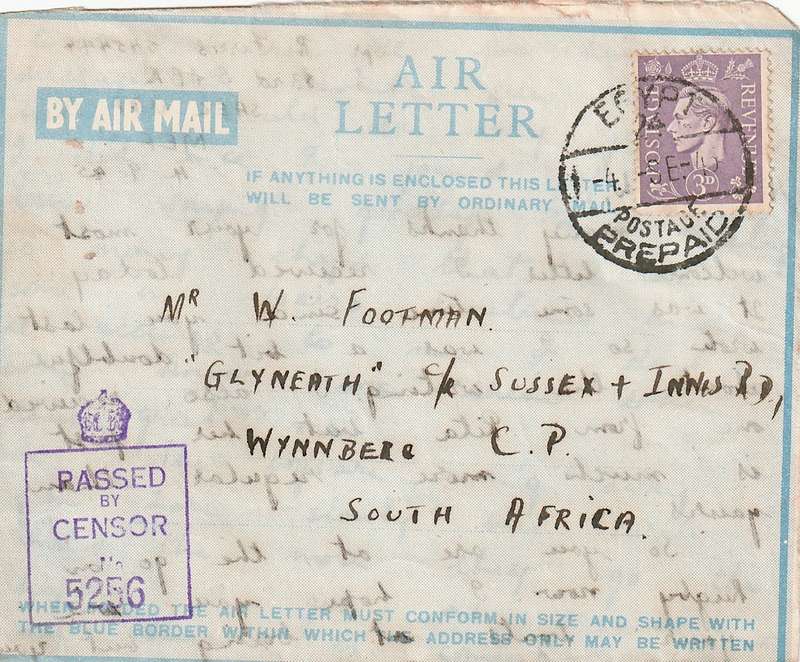 1945 Censored Airmail Letter Eqypt to Wynberg SA.