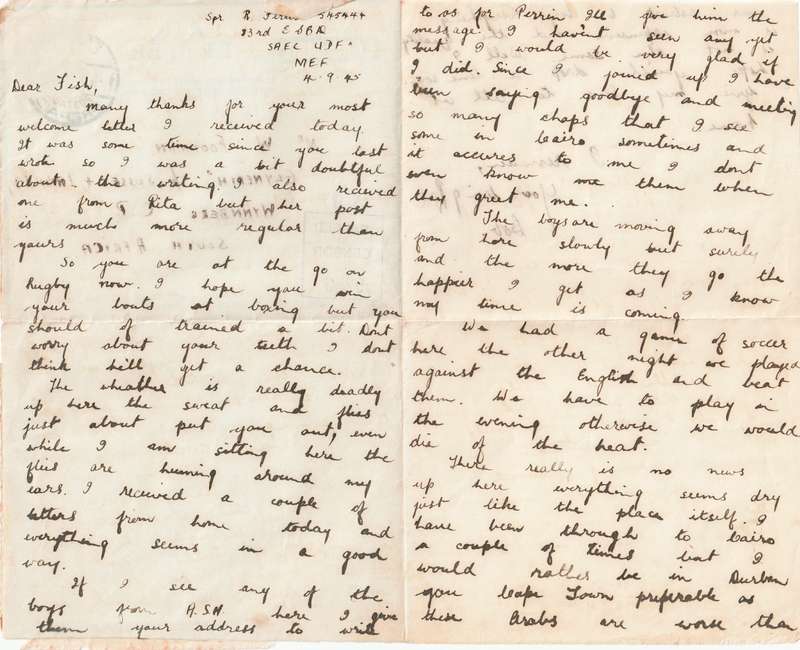 1945 Censored Airmail Letter Eqypt to Wynberg SA.