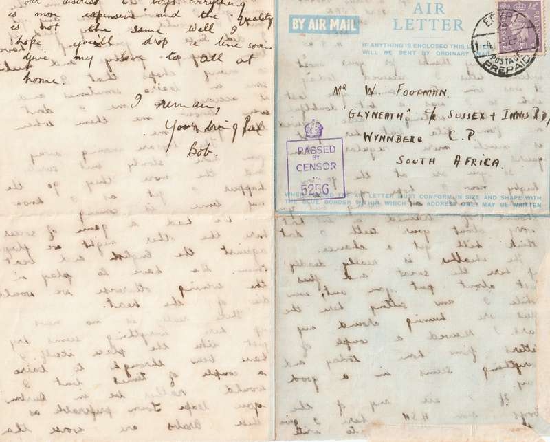 1945 Censored Airmail Letter Eqypt to Wynberg SA.