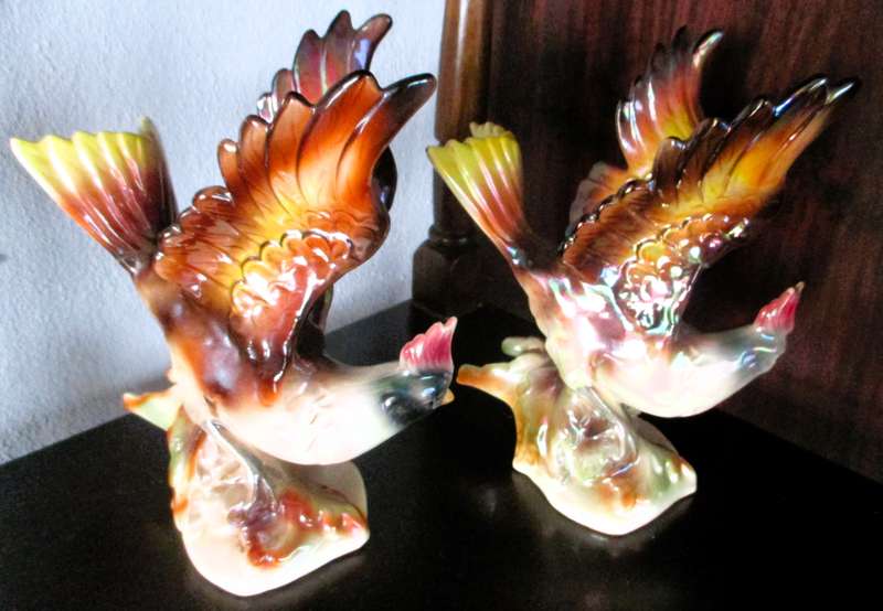 Lot of 2 Vintage 1950s Jema Holland Lustre Pheasant Birds. One repaired. 220mm high. Very collectabl