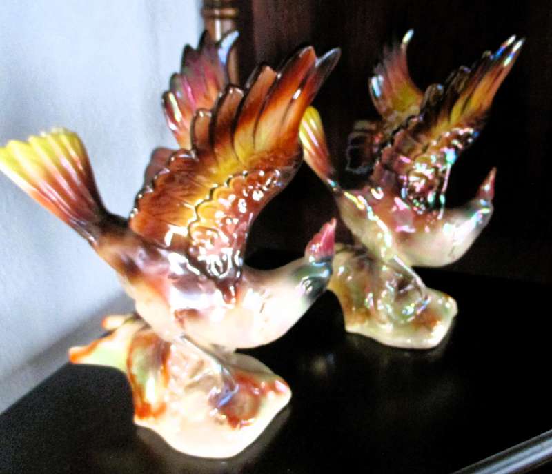 Lot of 2 Vintage 1950s Jema Holland Lustre Pheasant Birds. One repaired. 220mm high. Very collectabl
