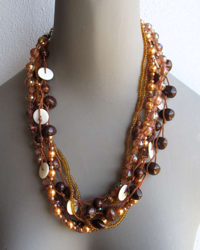 Vintage Multi strand brown necklace, wearable art, different size and style beads , bohemian. 50cm.