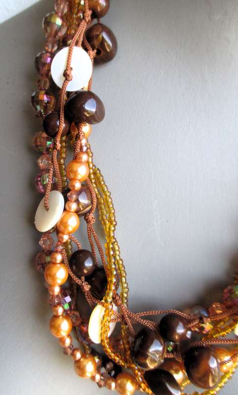Vintage Multi strand brown necklace, wearable art, different size and style beads , bohemian. 50cm.