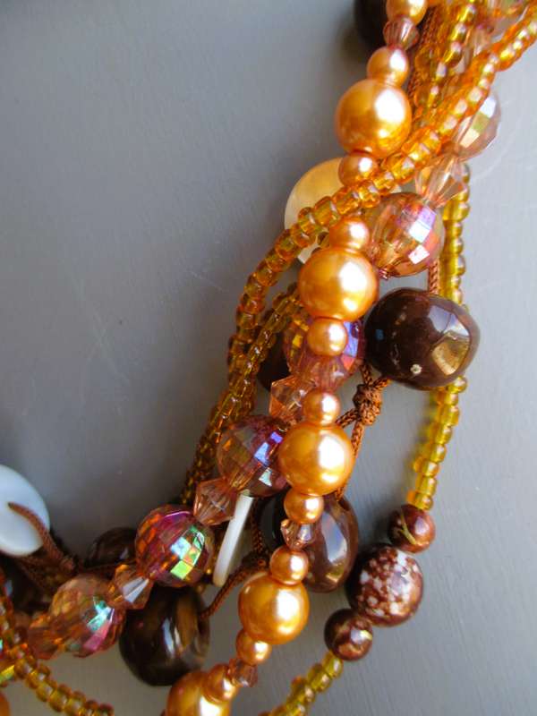 Vintage Multi strand brown necklace, wearable art, different size and style beads , bohemian. 50cm.