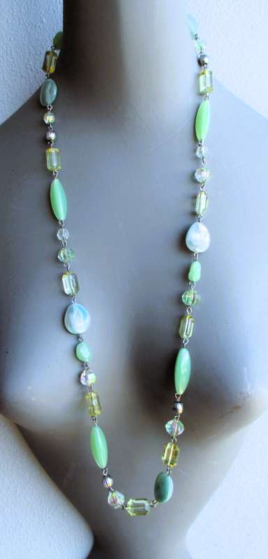 Vintage Murano Art Glass Beads Long Necklace. Mint green shades.