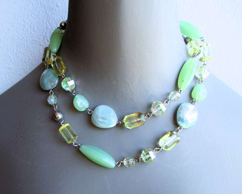 Vintage Murano Art Glass Beads Long Necklace. Mint green shades.