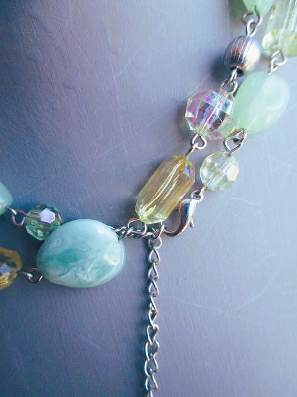 Vintage Murano Art Glass Beads Long Necklace. Mint green shades.