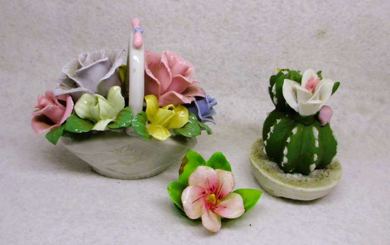 Vintage Bone China 3 piece Fine Porcelain Flower basket, Cactus and Royal Adderley Rose. basket 8cm