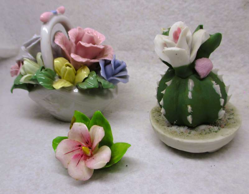 Vintage Bone China 3 piece Fine Porcelain Flower basket, Cactus and Royal Adderley Rose. basket 8cm