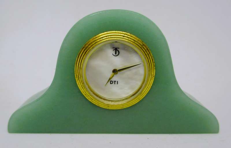 Vintage Miniature Art Deco Jadeite Green Glass Desk Clock, Mother of pearl face. 90x50mm