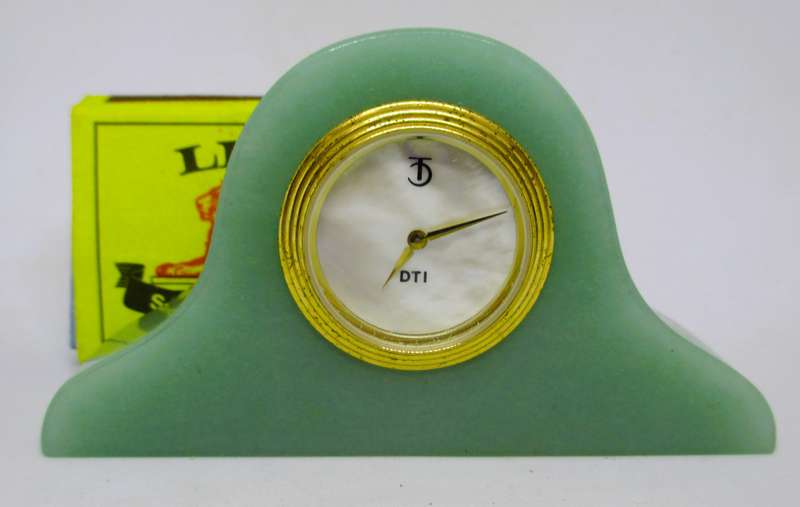 Vintage Miniature Art Deco Jadeite Green Glass Desk Clock, Mother of pearl face. 90x50mm
