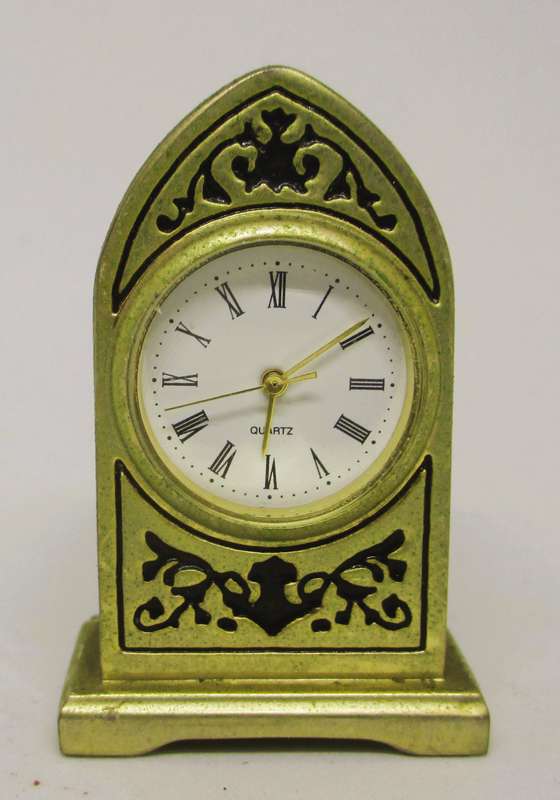 Vintage Miniature Spanish Style Desk Clock Brass, Quartz. 50mm high