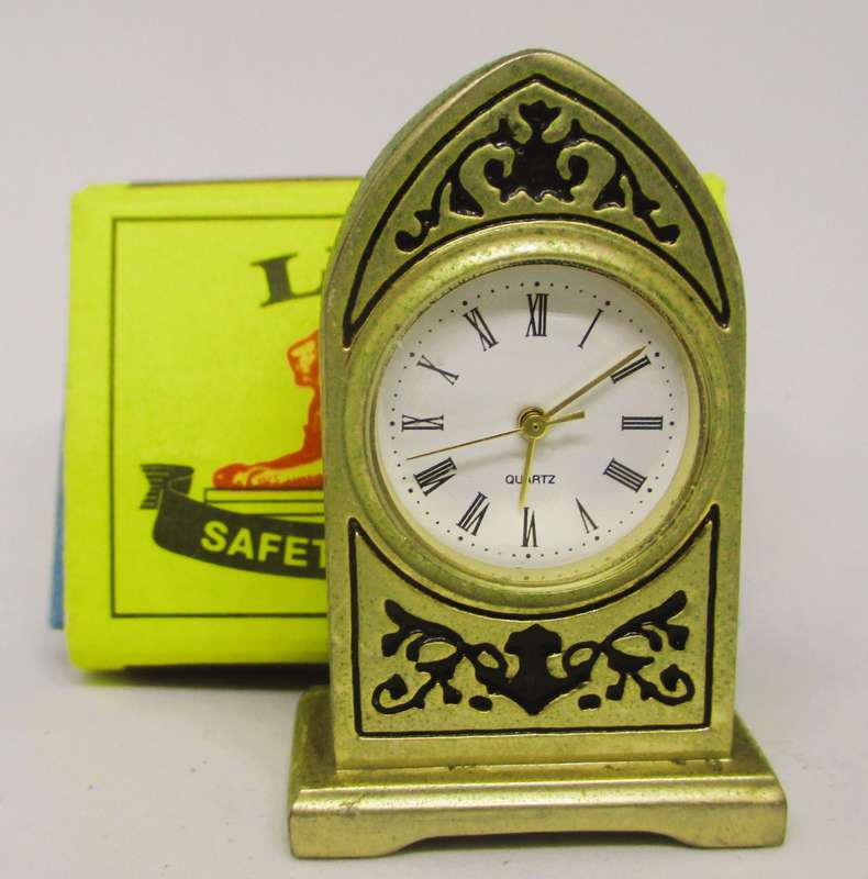 Vintage Miniature Spanish Style Desk Clock Brass, Quartz. 50mm high